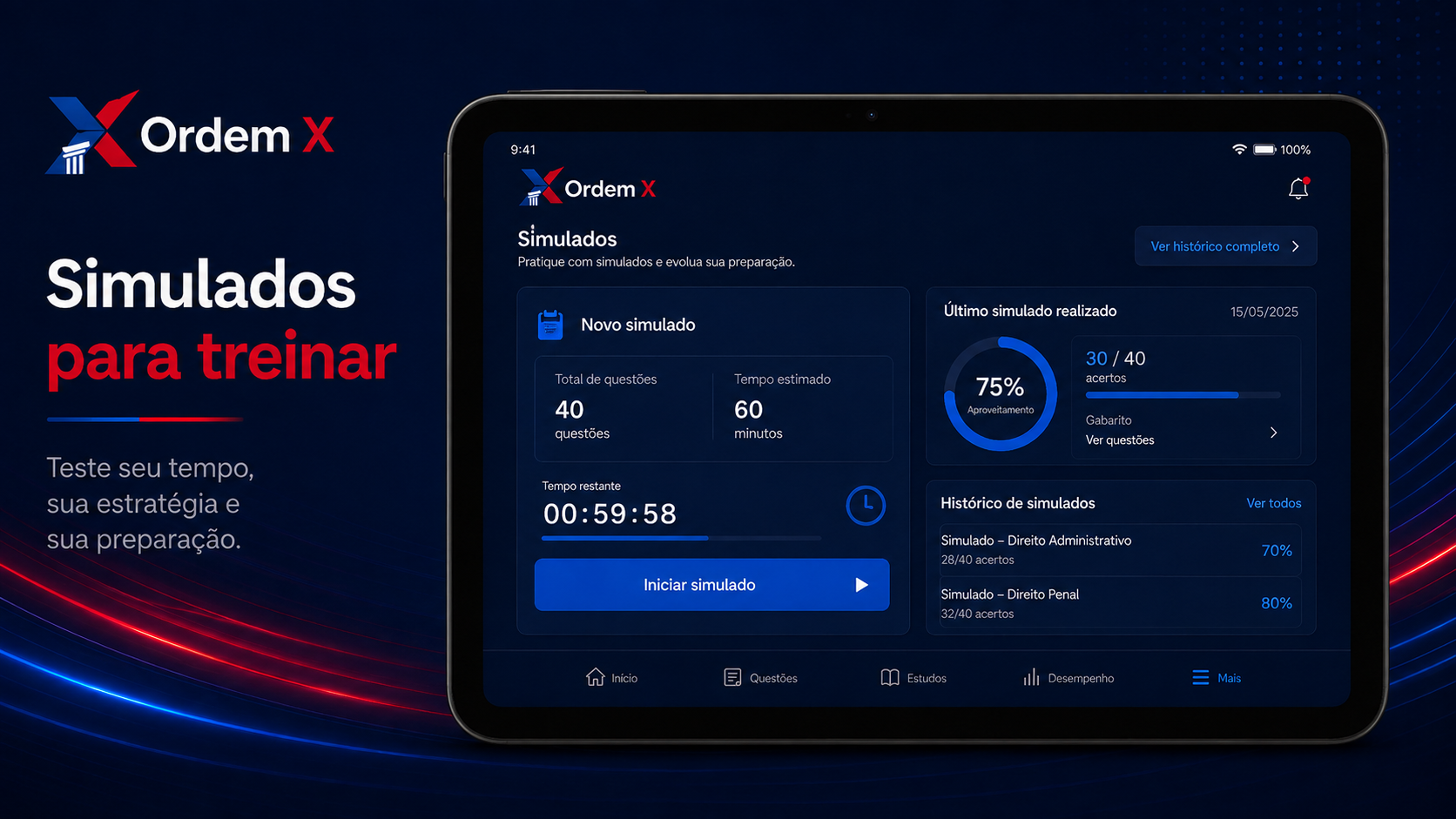 Tela do Ordem X apresentando simulados e histórico de resultados
